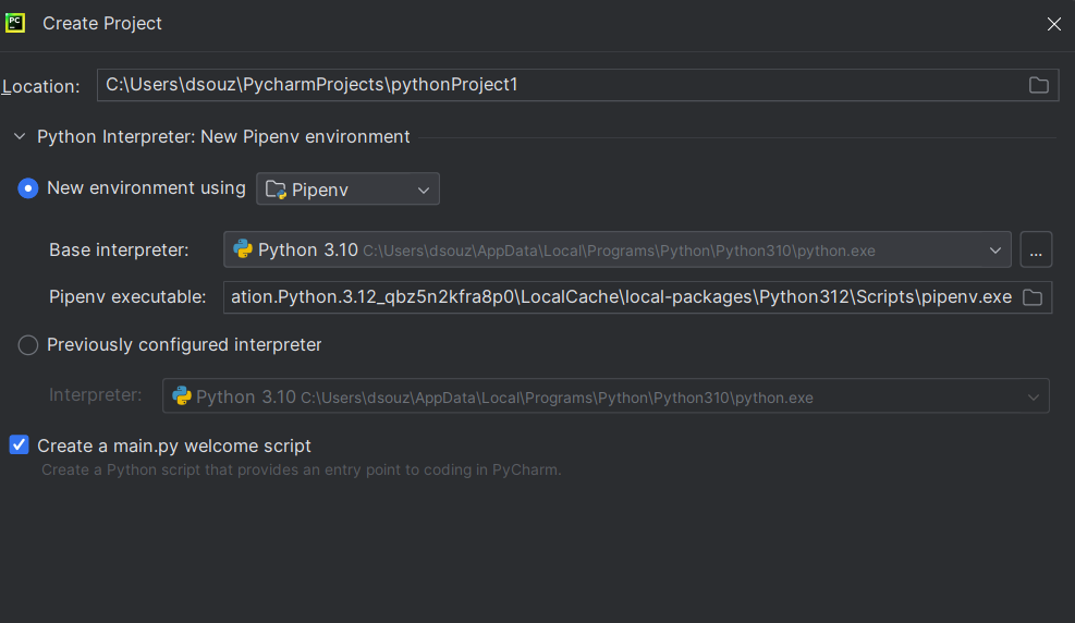 Create Project Window